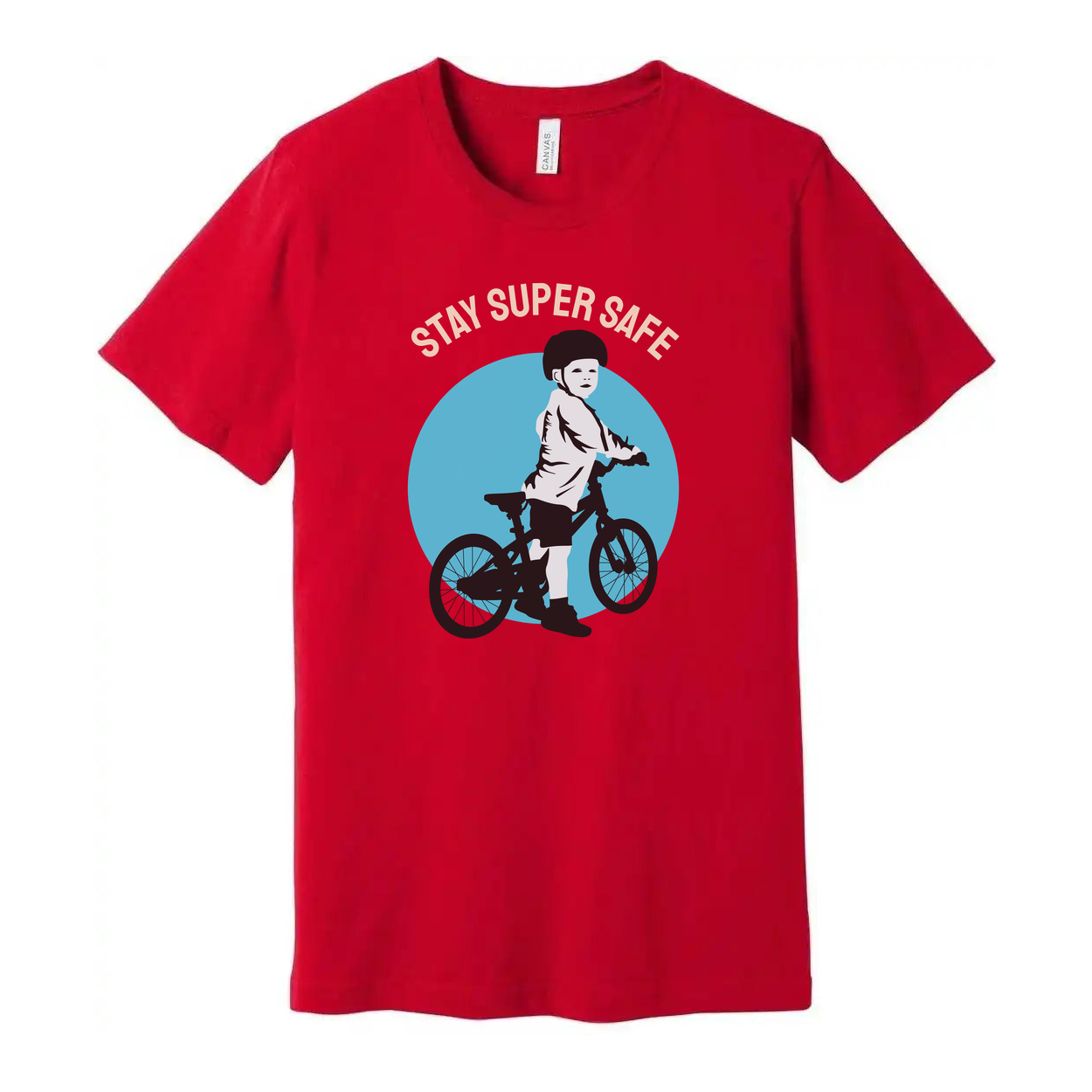 Unisex Bicycle Riding T Shirt With Stay Safe Graphic Showing Child On Bike In Helmet