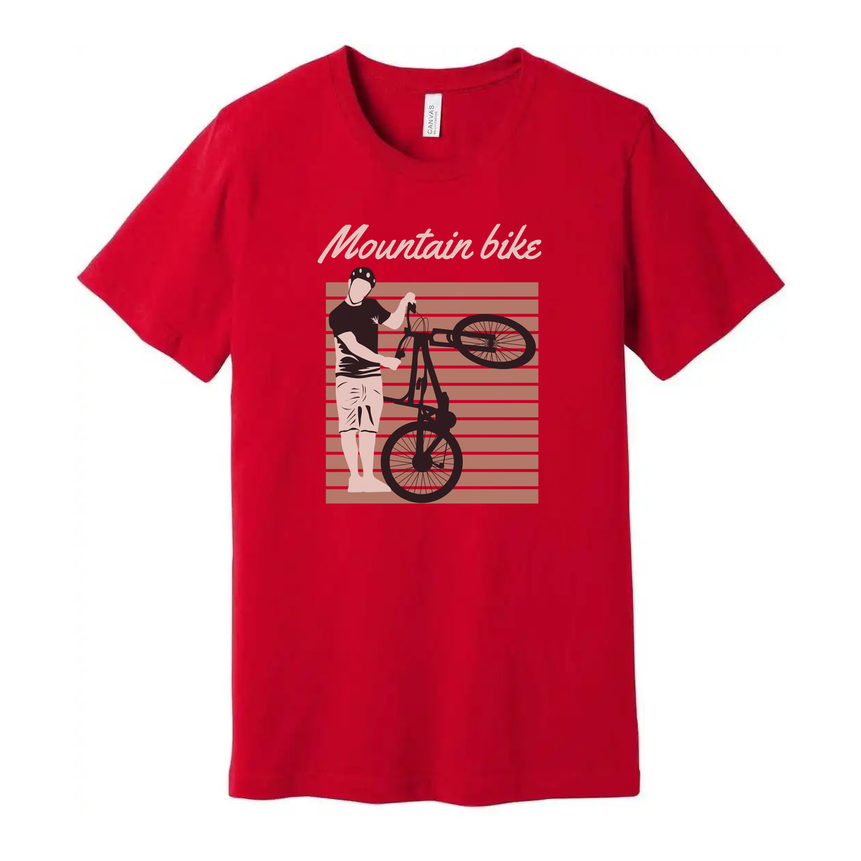 Unisex Mountain Bike Graphic Tee Featuring Rider Lifting Bike Against Retro Striped Background Artwork