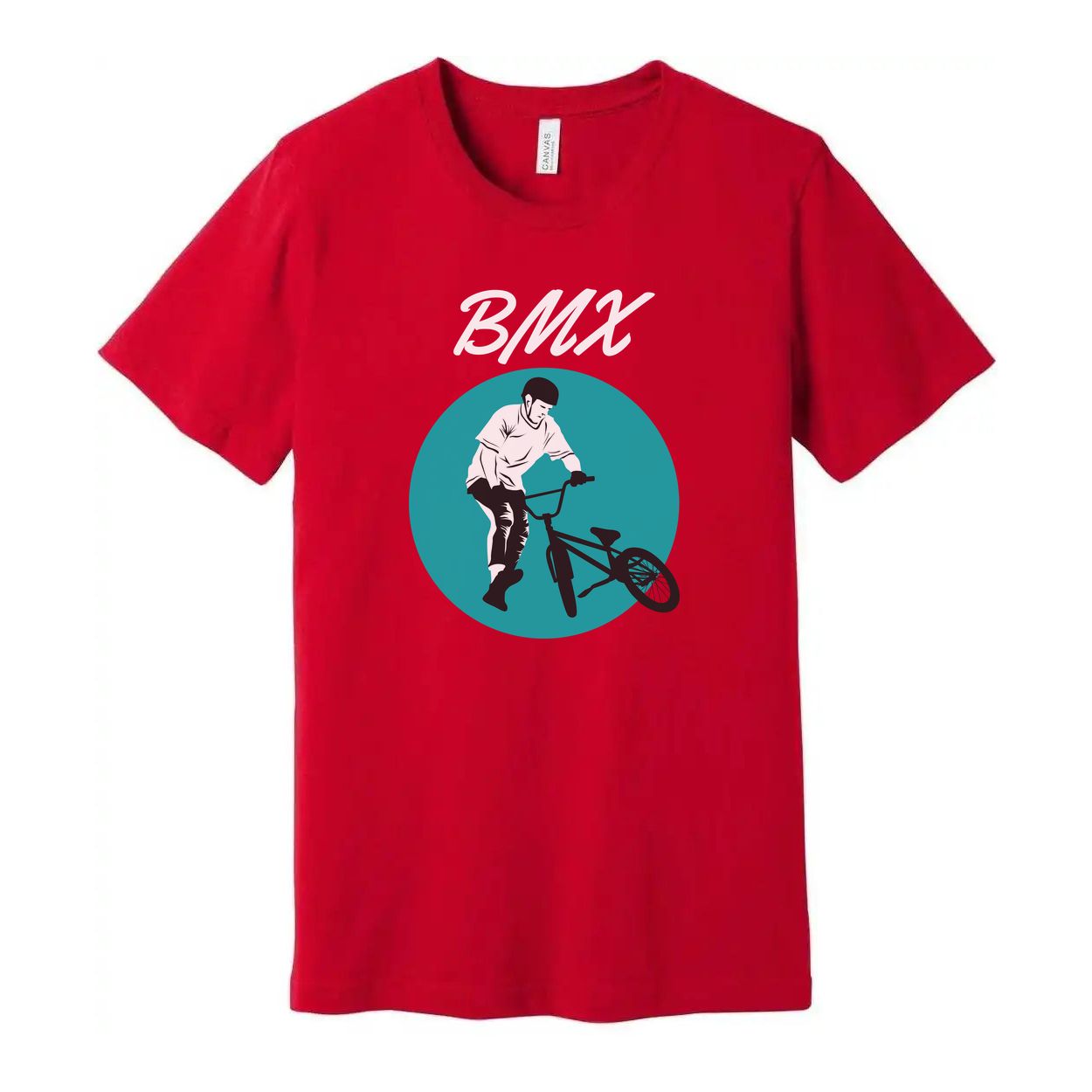Unisex BMX Rider Graphic T Shirt With Teal Circle Artwork For Biking Enthusiasts