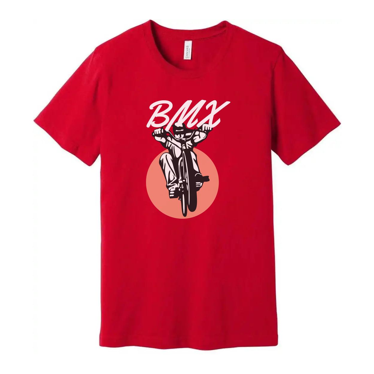 Unisex BMX Bike Graphic T Shirt With Dynamic Rider And Peach Circle Backdrop Illustration