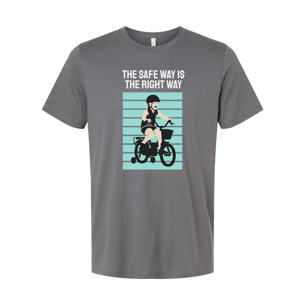 Bike Rider Graphic T Shirt With The Safe Way Is The Right Way Message And Turquoise Striped Backdrop