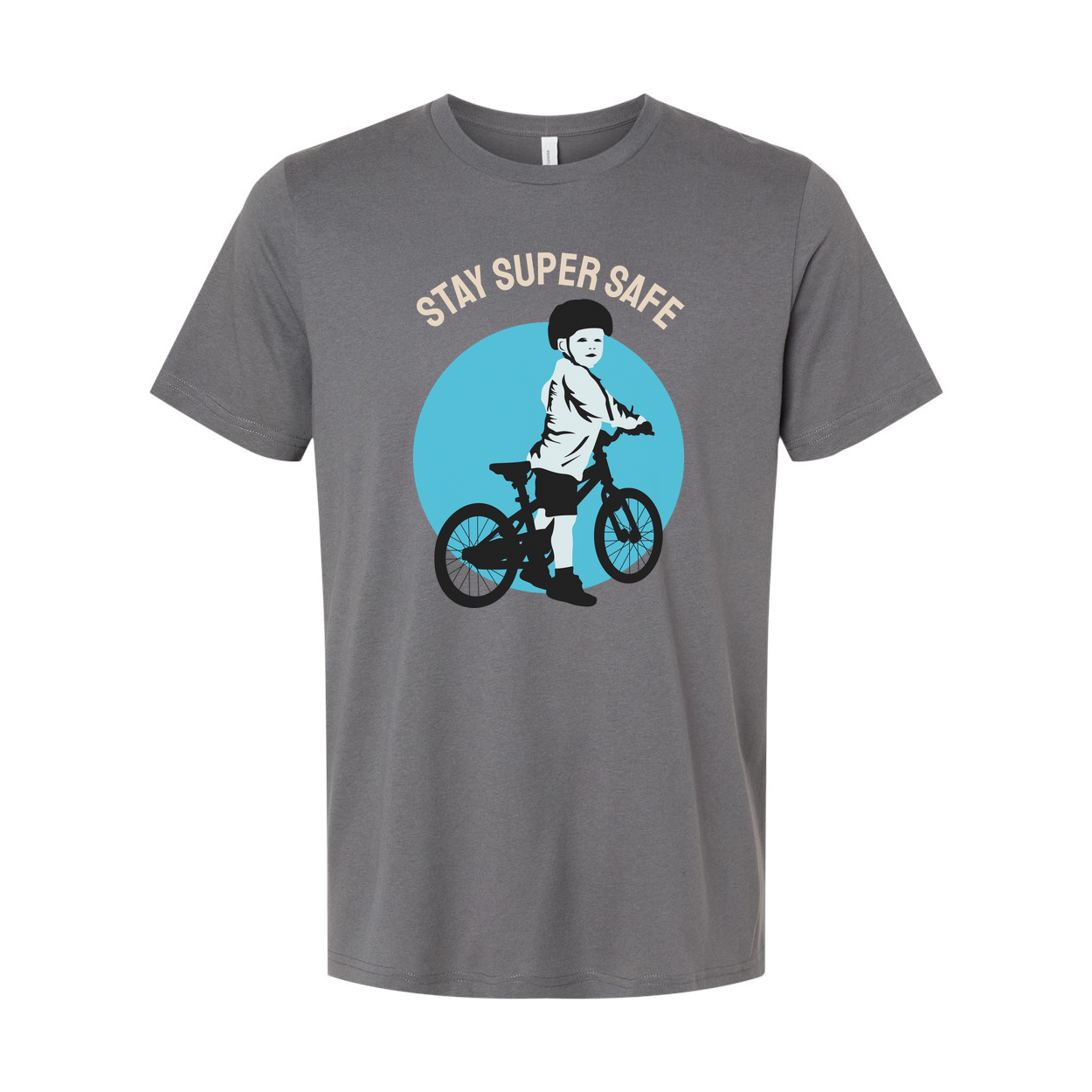 Unisex Bicycle Riding T Shirt With Stay Safe Graphic Showing Child On Bike In Helmet