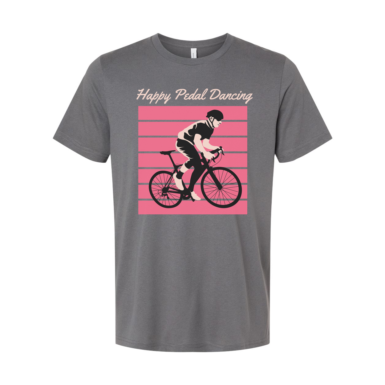 Unisex Bicycle Rider Graphic Tee With Pink Stripes Background And Happy Pedal Dancing Text