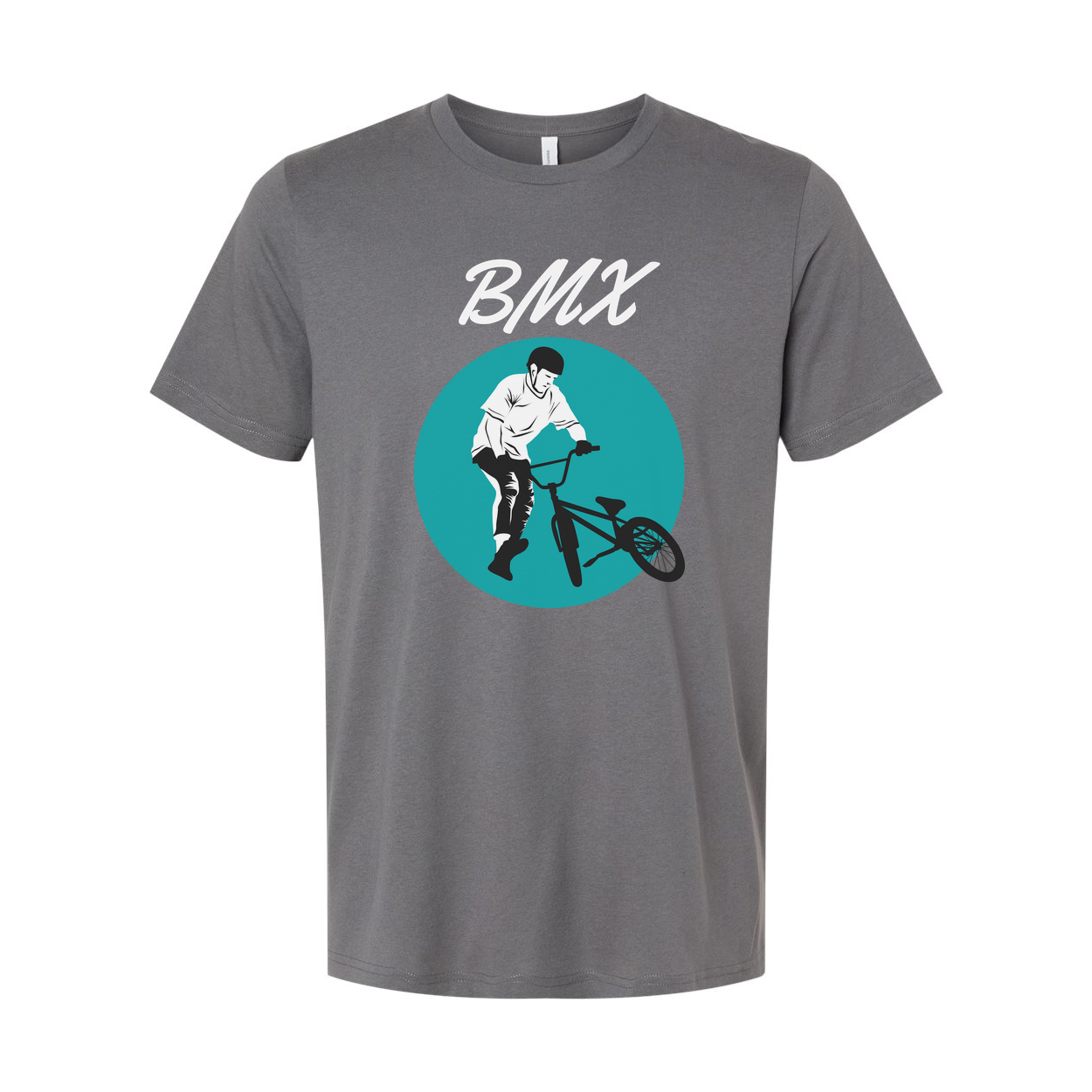 Unisex BMX Rider Graphic T Shirt With Teal Circle Artwork For Biking Enthusiasts