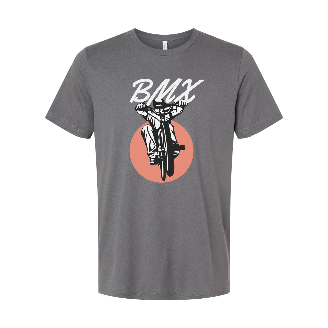 Unisex BMX Bike Graphic T Shirt With Dynamic Rider And Peach Circle Backdrop Illustration