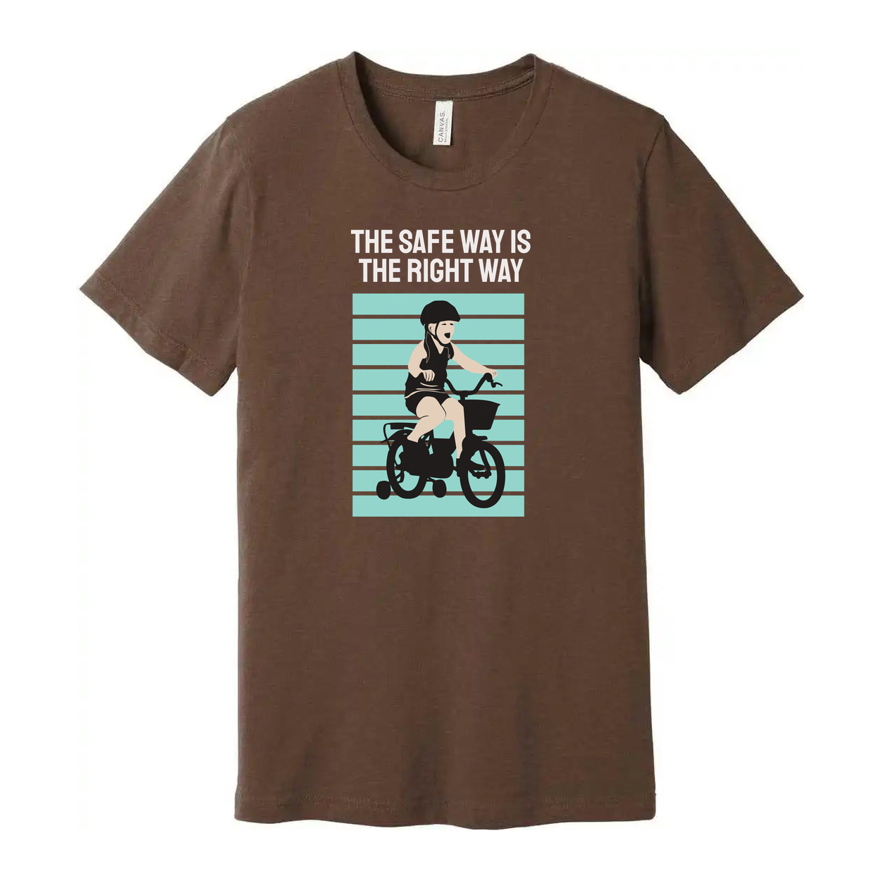 Bike Rider Graphic T Shirt With The Safe Way Is The Right Way Message And Turquoise Striped Backdrop