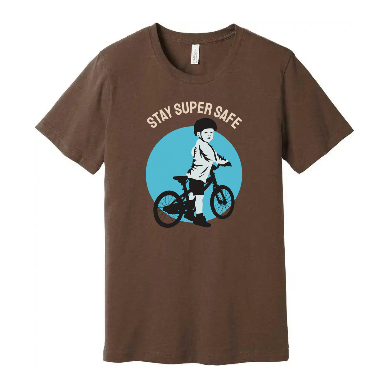 Unisex Bicycle Riding T Shirt With Stay Safe Graphic Showing Child On Bike In Helmet
