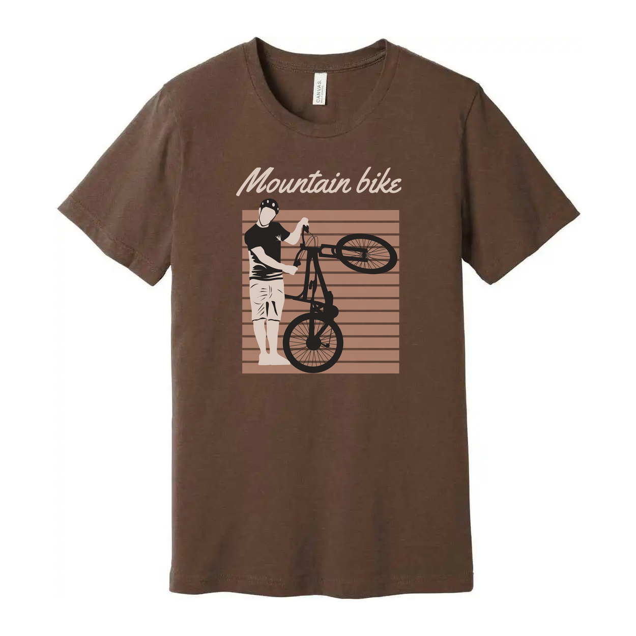 Unisex Mountain Bike Graphic Tee Featuring Rider Lifting Bike Against Retro Striped Background Artwork
