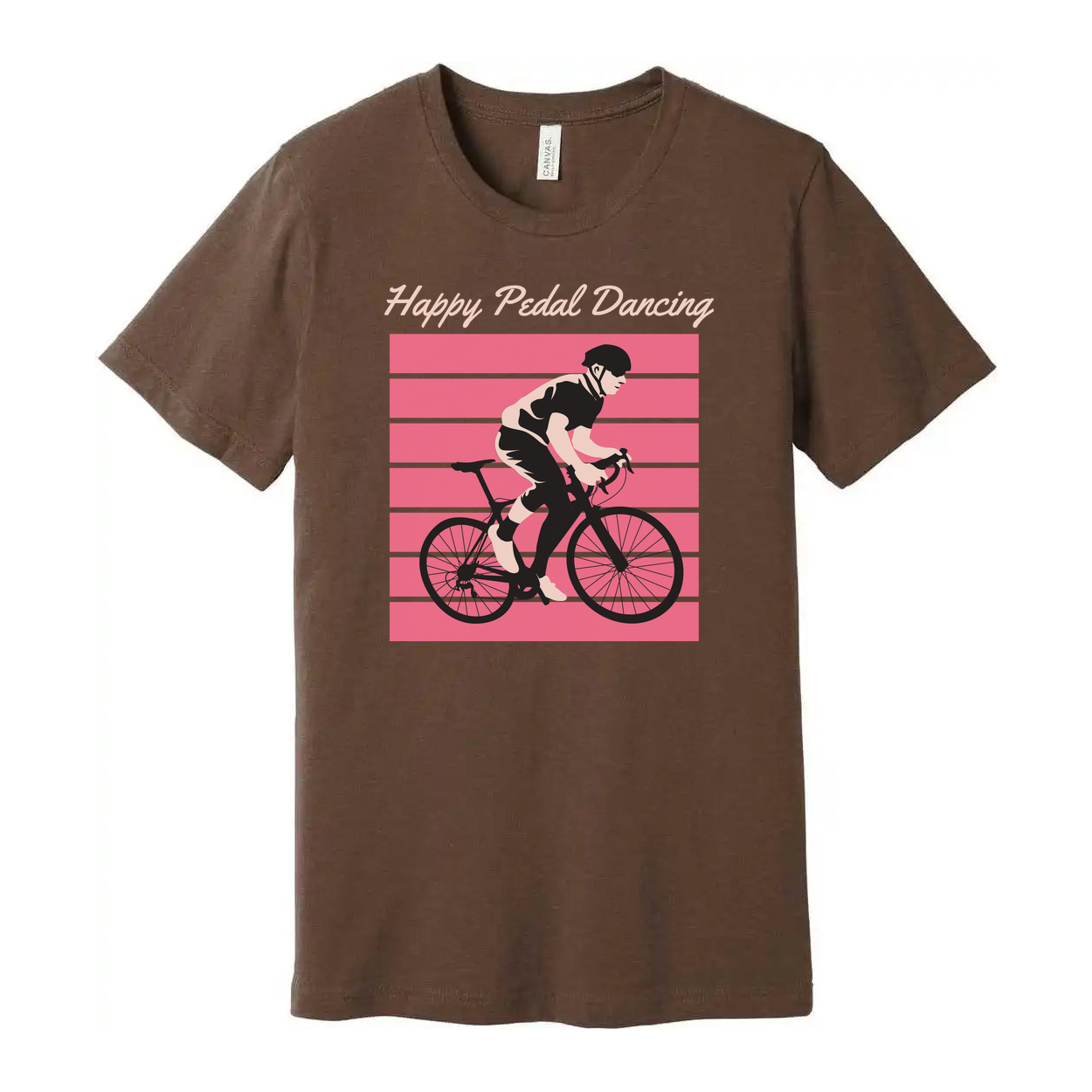 Unisex Bicycle Rider Graphic Tee With Pink Stripes Background And Happy Pedal Dancing Text