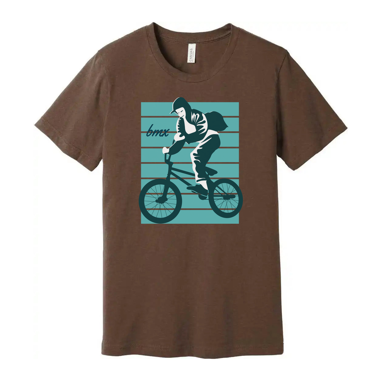 BMX Rider Silhouette Graphic Tee For Unisex Adults With Retro Teal Striped Background