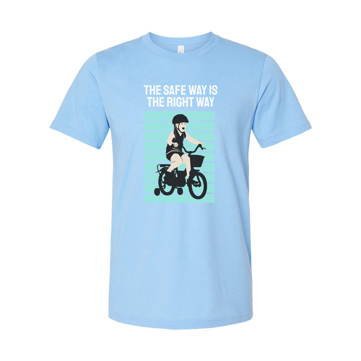 Bike Rider Graphic T Shirt With The Safe Way Is The Right Way Message And Turquoise Striped Backdrop