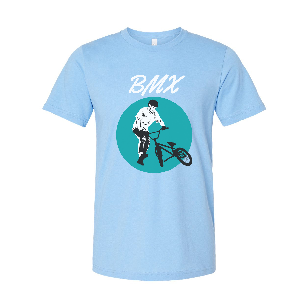 Unisex BMX Rider Graphic T Shirt With Teal Circle Artwork For Biking Enthusiasts