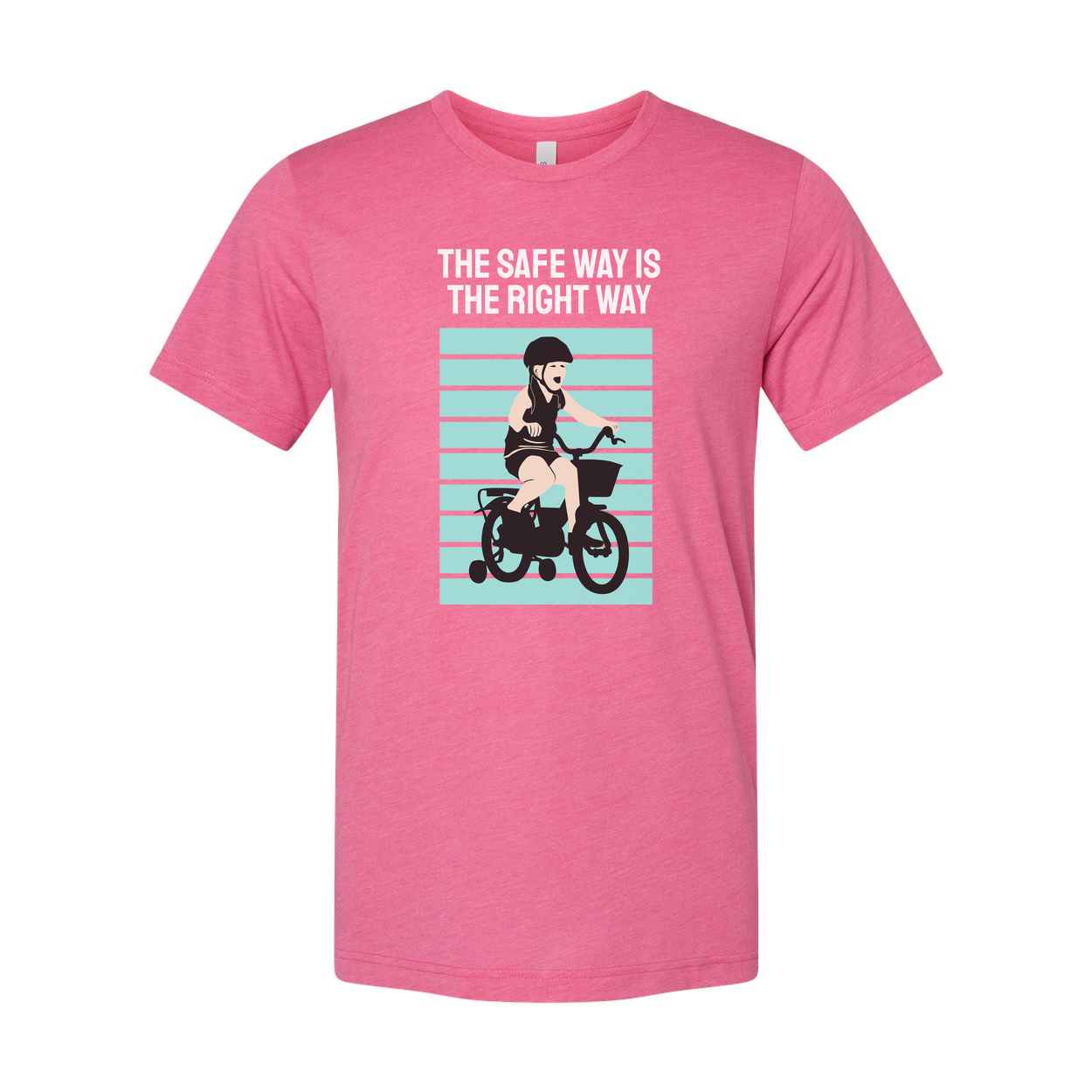 Bike Rider Graphic T Shirt With The Safe Way Is The Right Way Message And Turquoise Striped Backdrop