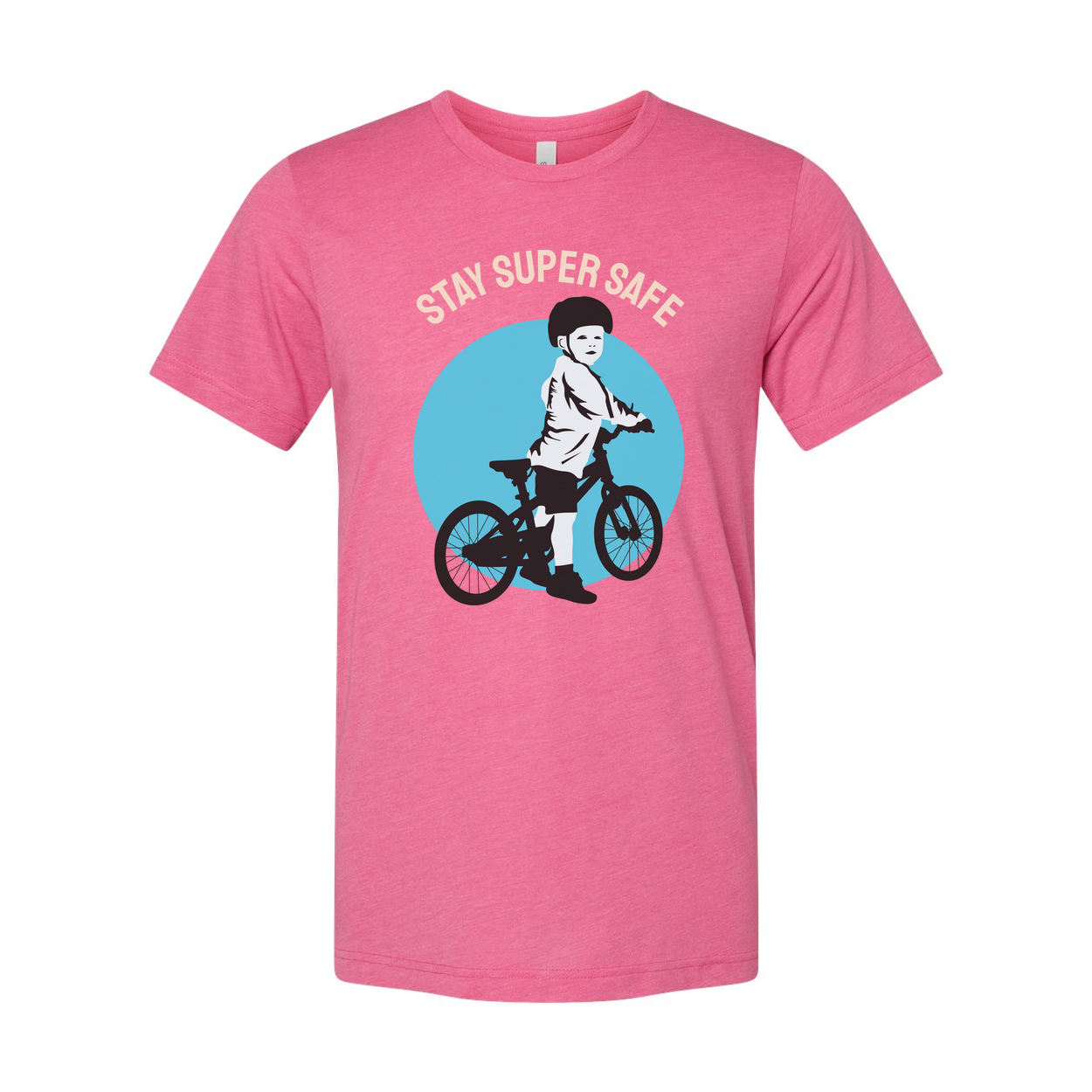 Unisex Bicycle Riding T Shirt With Stay Safe Graphic Showing Child On Bike In Helmet