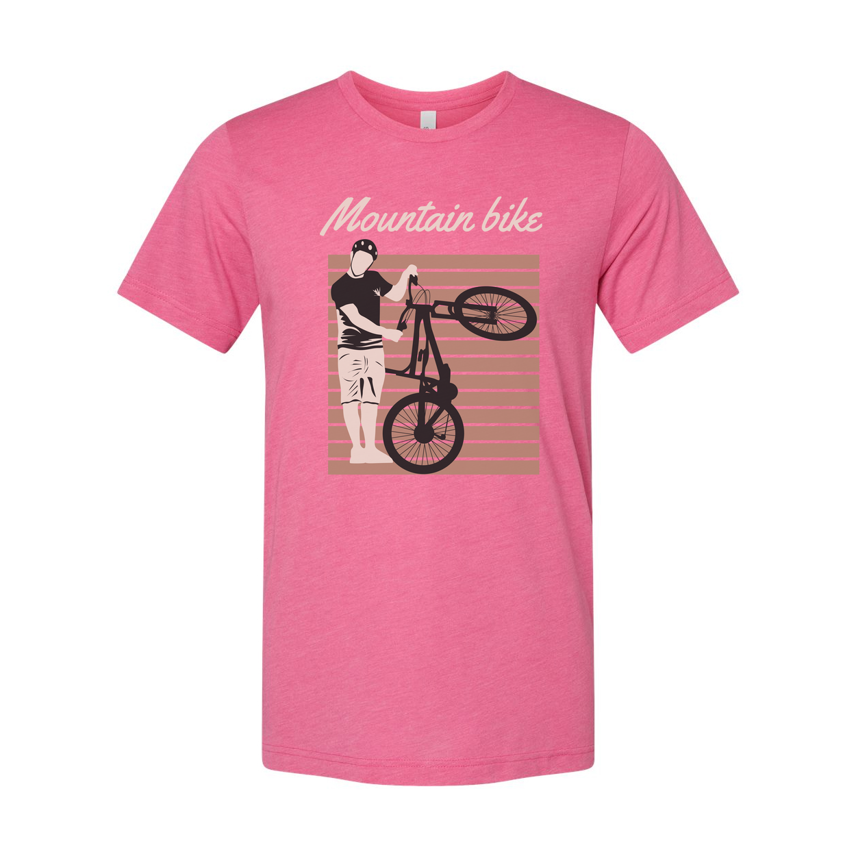Unisex Mountain Bike Graphic Tee Featuring Rider Lifting Bike Against Retro Striped Background Artwork