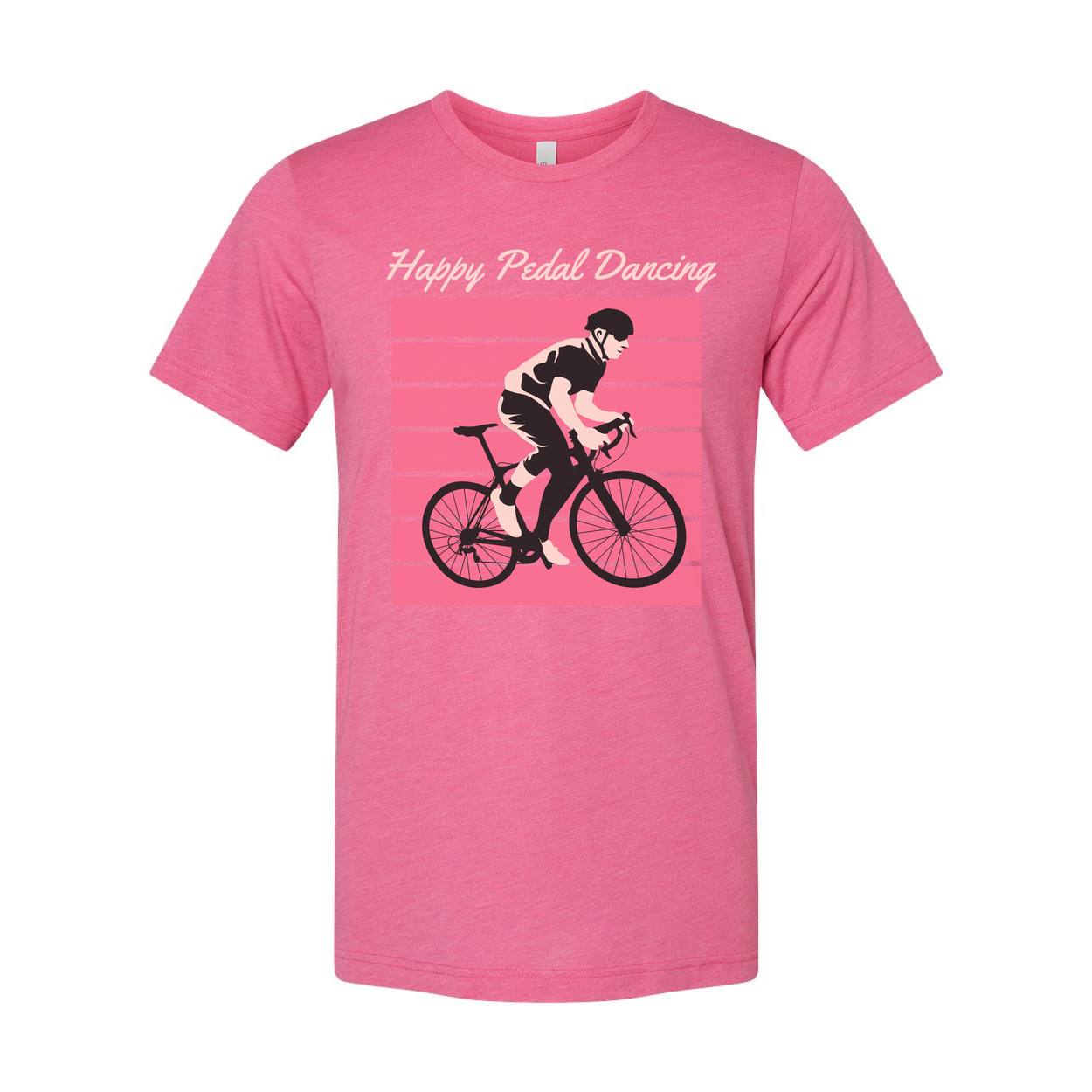 Unisex Bicycle Rider Graphic Tee With Pink Stripes Background And Happy Pedal Dancing Text
