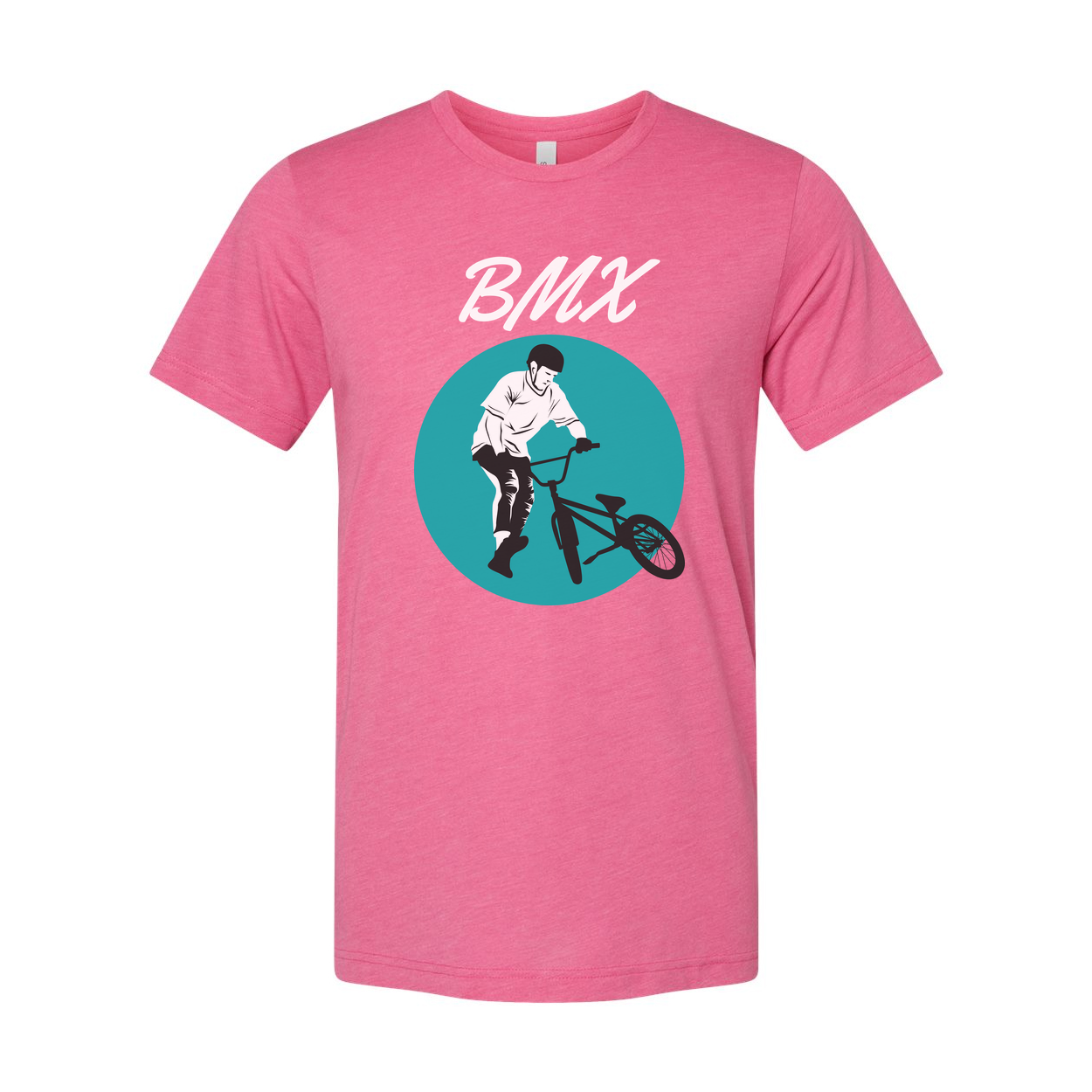 Unisex BMX Rider Graphic T Shirt With Teal Circle Artwork For Biking Enthusiasts
