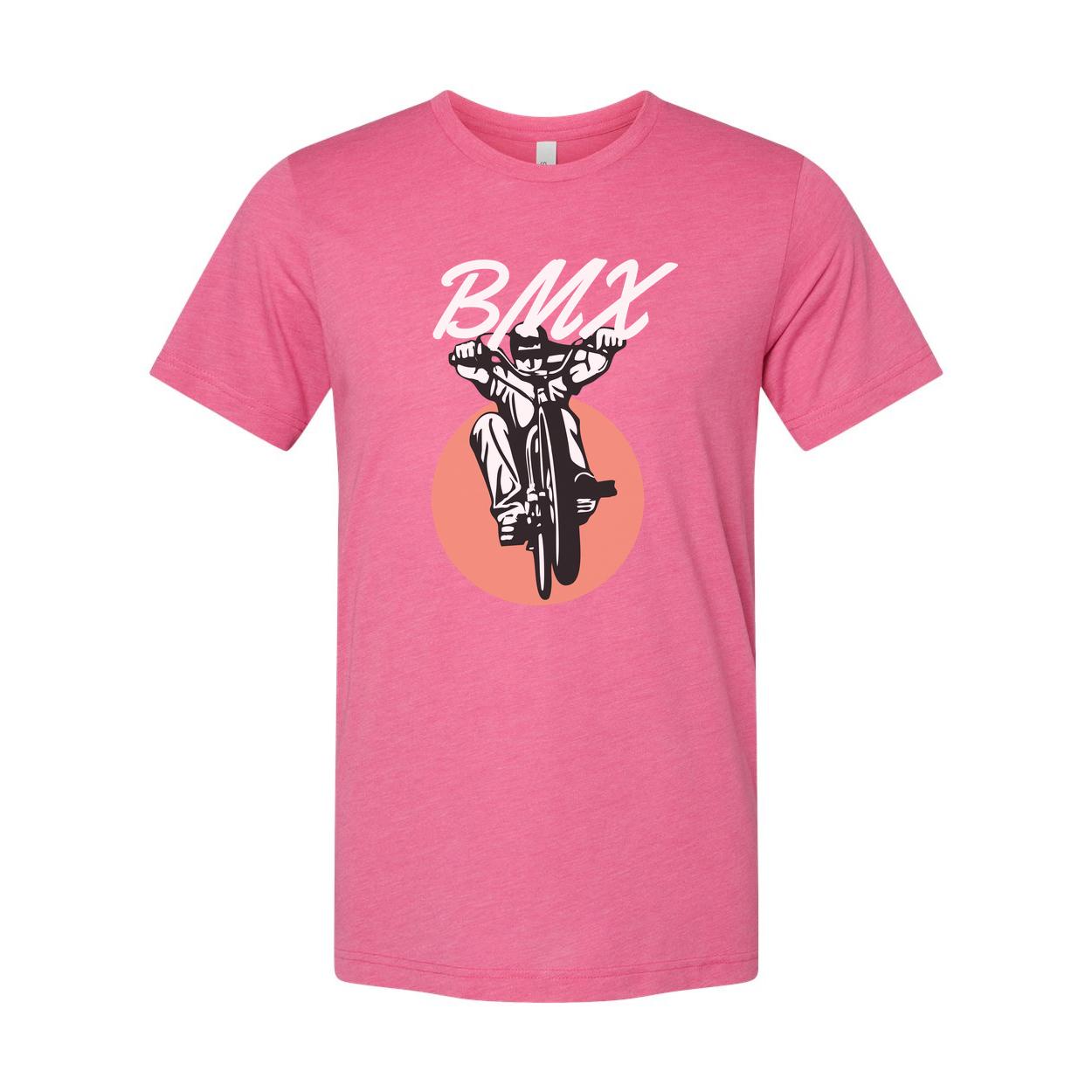 Unisex BMX Bike Graphic T Shirt With Dynamic Rider And Peach Circle Backdrop Illustration