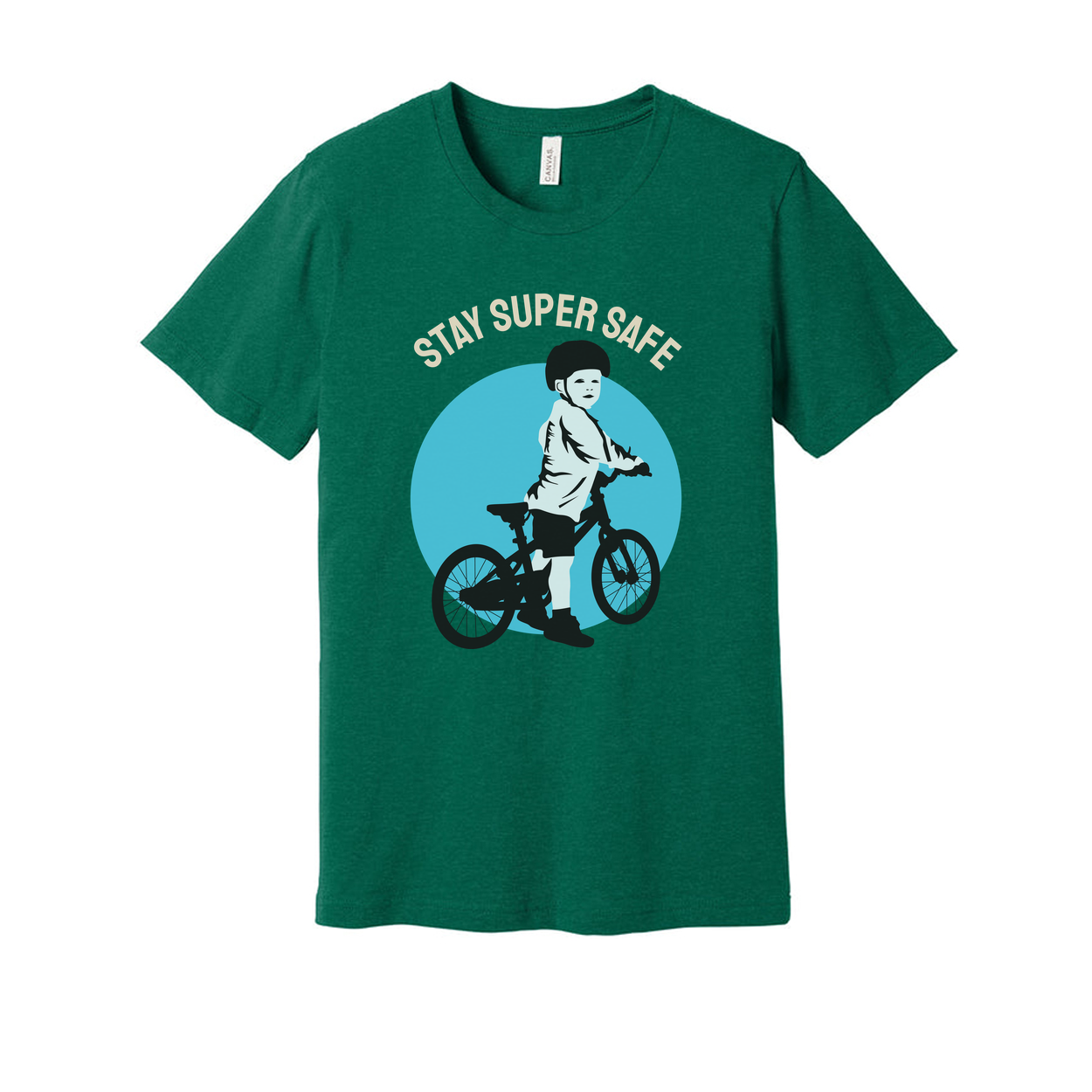 Unisex Bicycle Riding T Shirt With Stay Safe Graphic Showing Child On Bike In Helmet