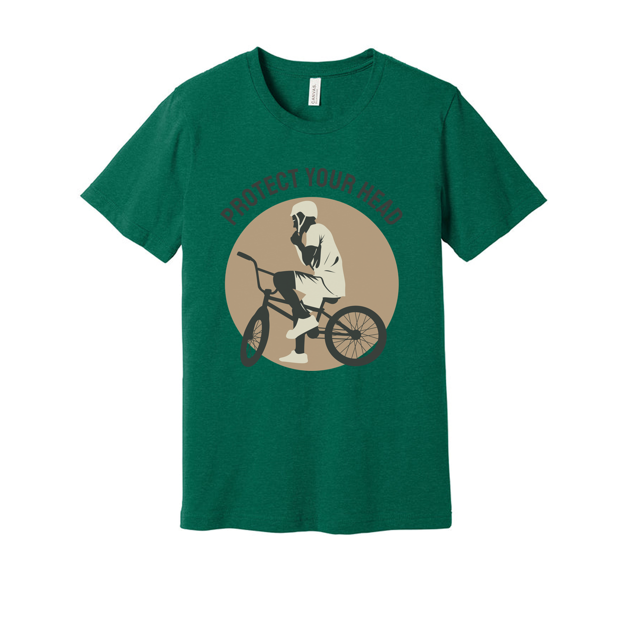 Protect Your Head Bicycle Safety Graphic Tee Featuring Rider On Bike Circle Design For Active Riders