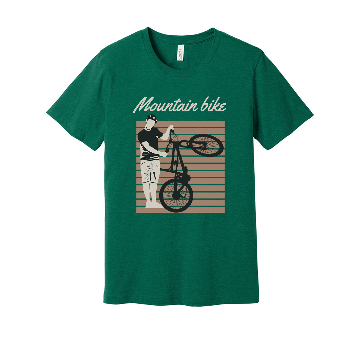 Unisex Mountain Bike Graphic Tee Featuring Rider Lifting Bike Against Retro Striped Background Artwork