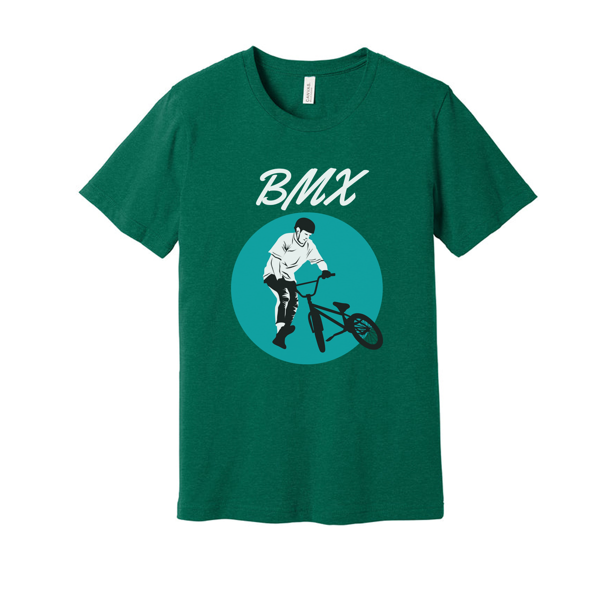Unisex BMX Rider Graphic T Shirt With Teal Circle Artwork For Biking Enthusiasts