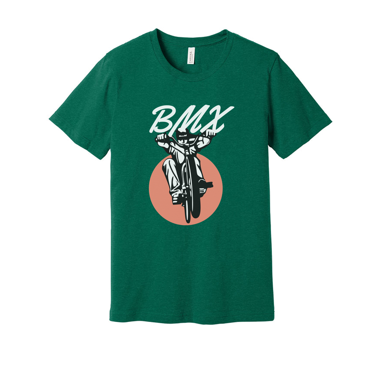 Unisex BMX Bike Graphic T Shirt With Dynamic Rider And Peach Circle Backdrop Illustration