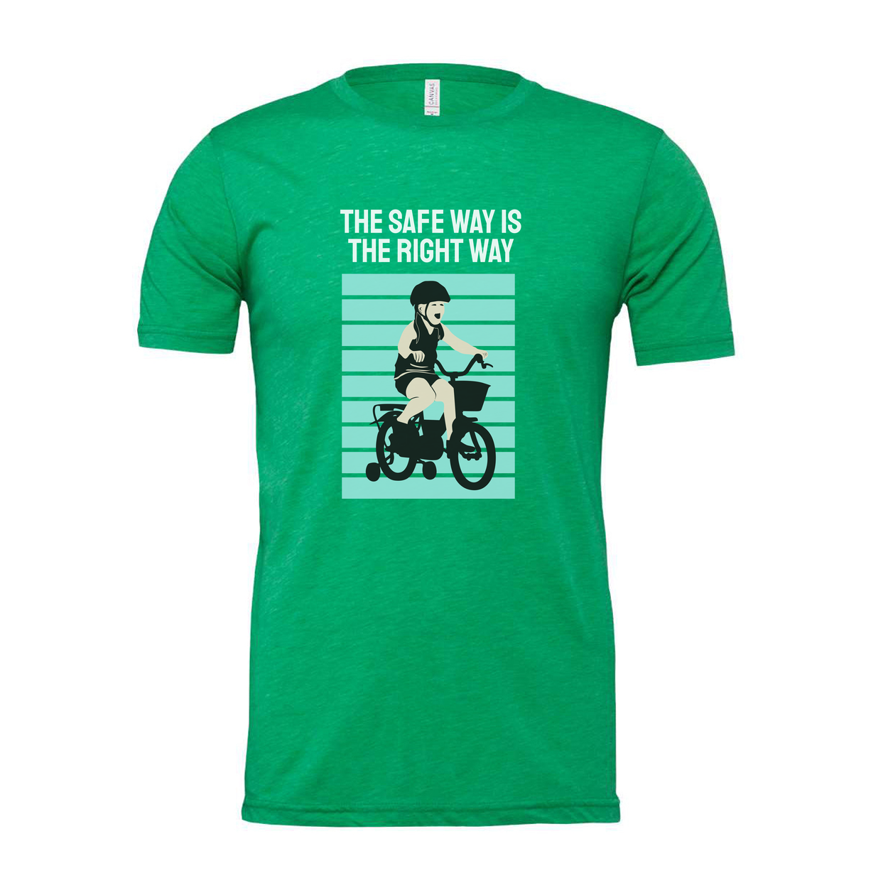 Bike Rider Graphic T Shirt With The Safe Way Is The Right Way Message And Turquoise Striped Backdrop