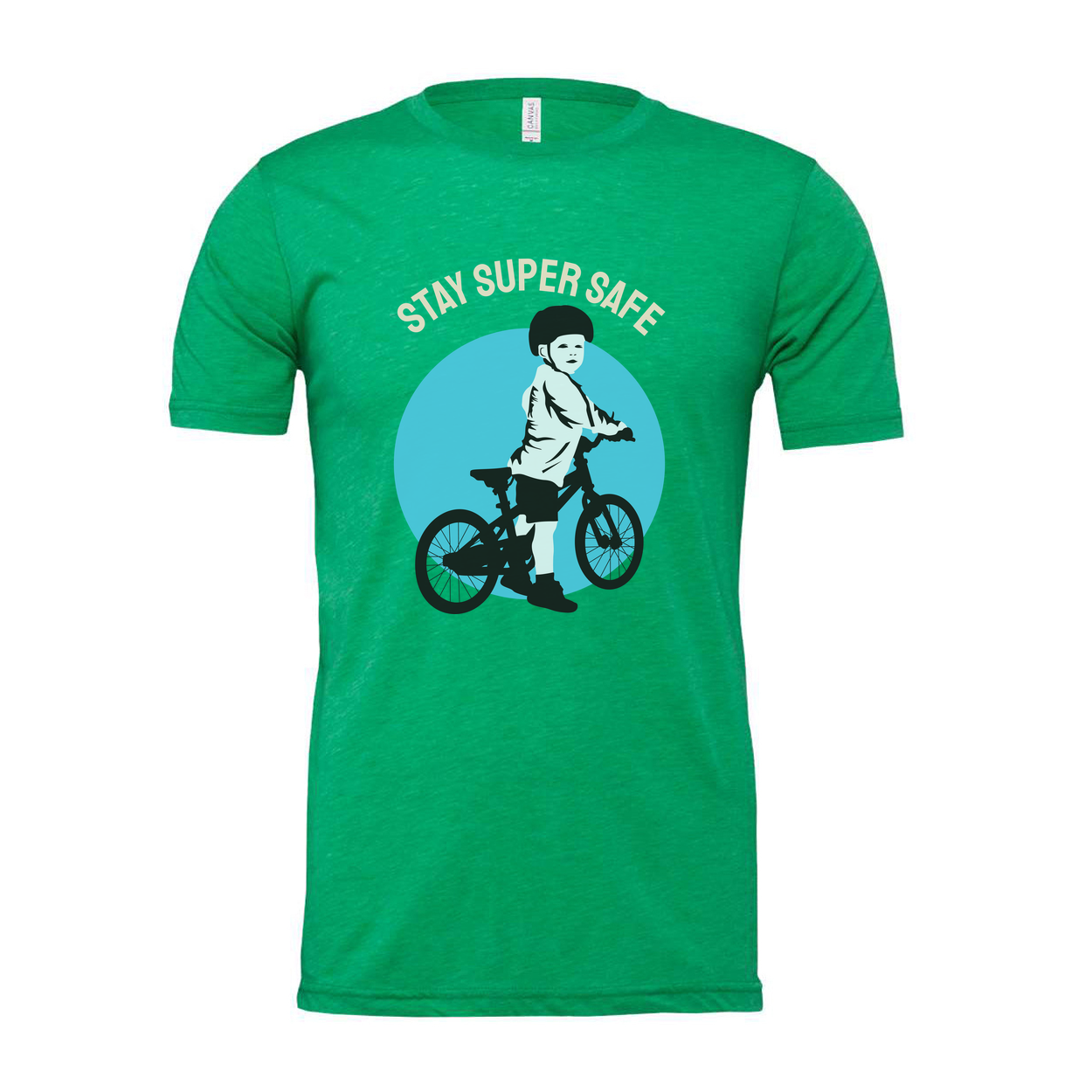 Unisex Bicycle Riding T Shirt With Stay Safe Graphic Showing Child On Bike In Helmet