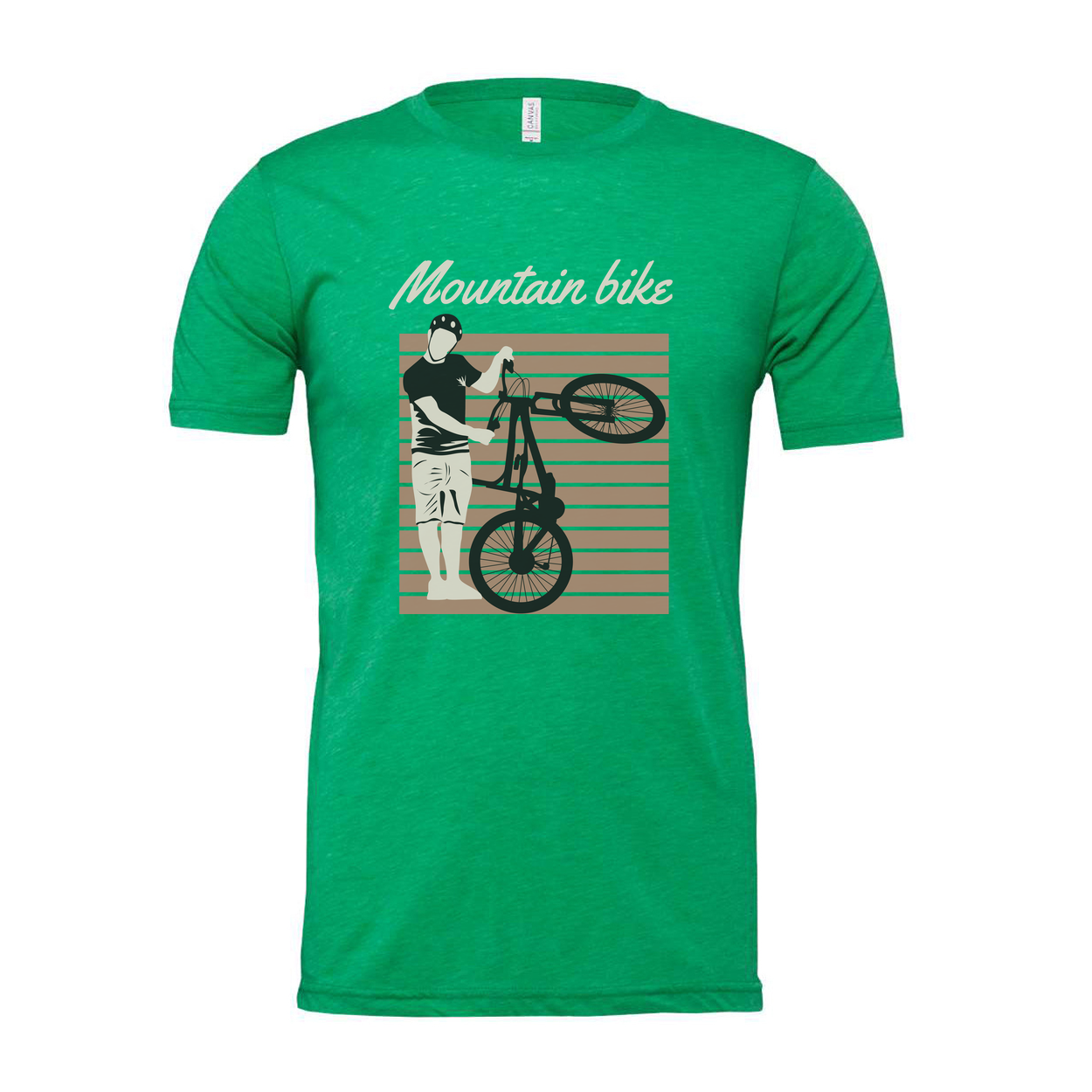 Unisex Mountain Bike Graphic Tee Featuring Rider Lifting Bike Against Retro Striped Background Artwork