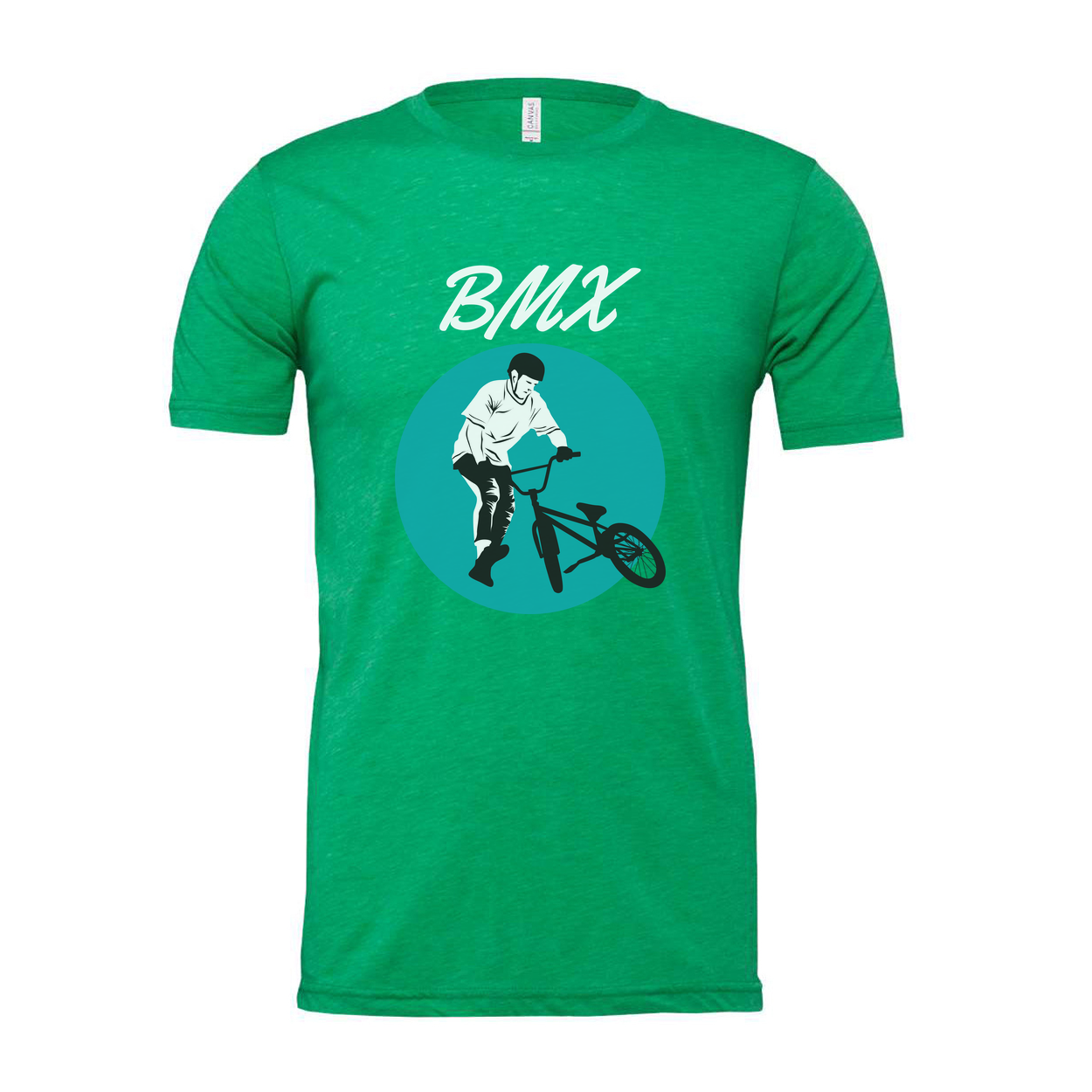 Unisex BMX Rider Graphic T Shirt With Teal Circle Artwork For Biking Enthusiasts