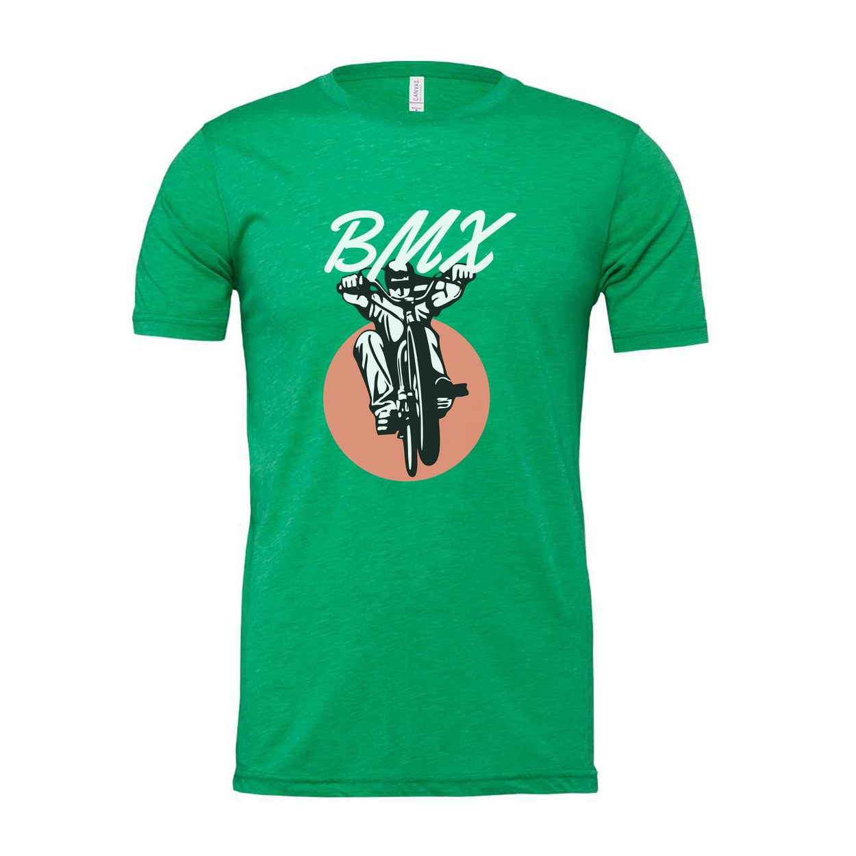 Unisex BMX Bike Graphic T Shirt With Dynamic Rider And Peach Circle Backdrop Illustration