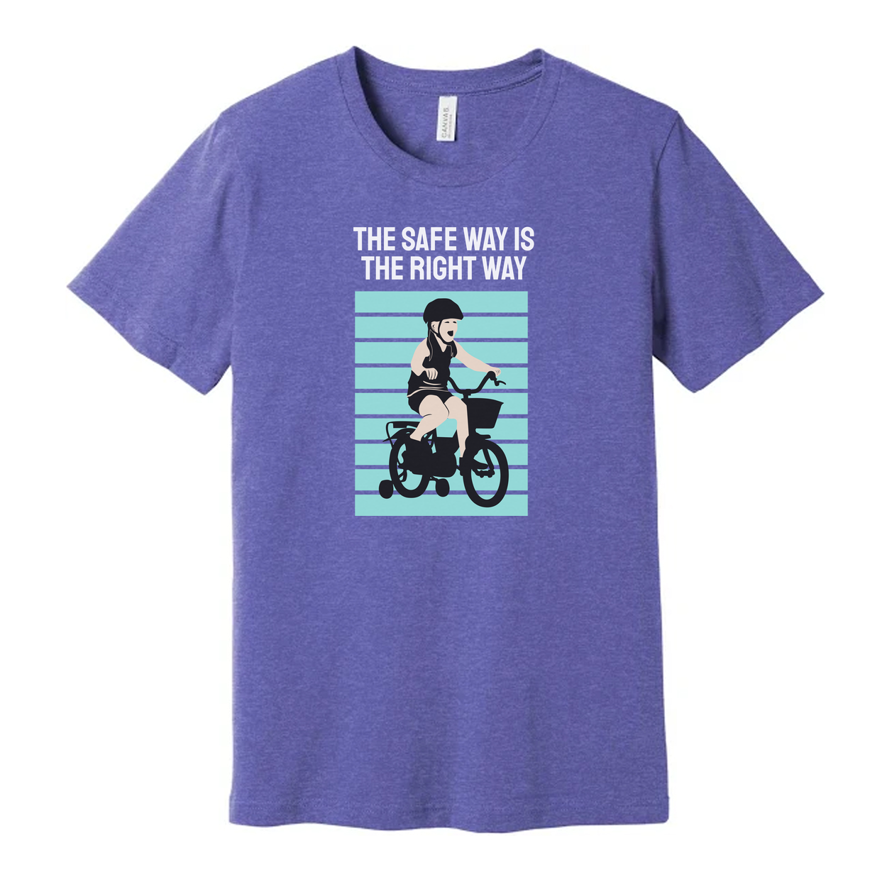 Bike Rider Graphic T Shirt With The Safe Way Is The Right Way Message And Turquoise Striped Backdrop