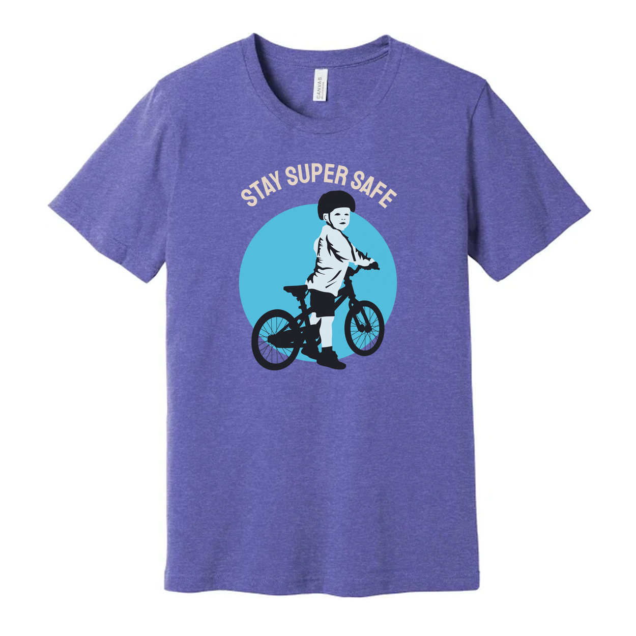 Unisex Bicycle Riding T Shirt With Stay Safe Graphic Showing Child On Bike In Helmet