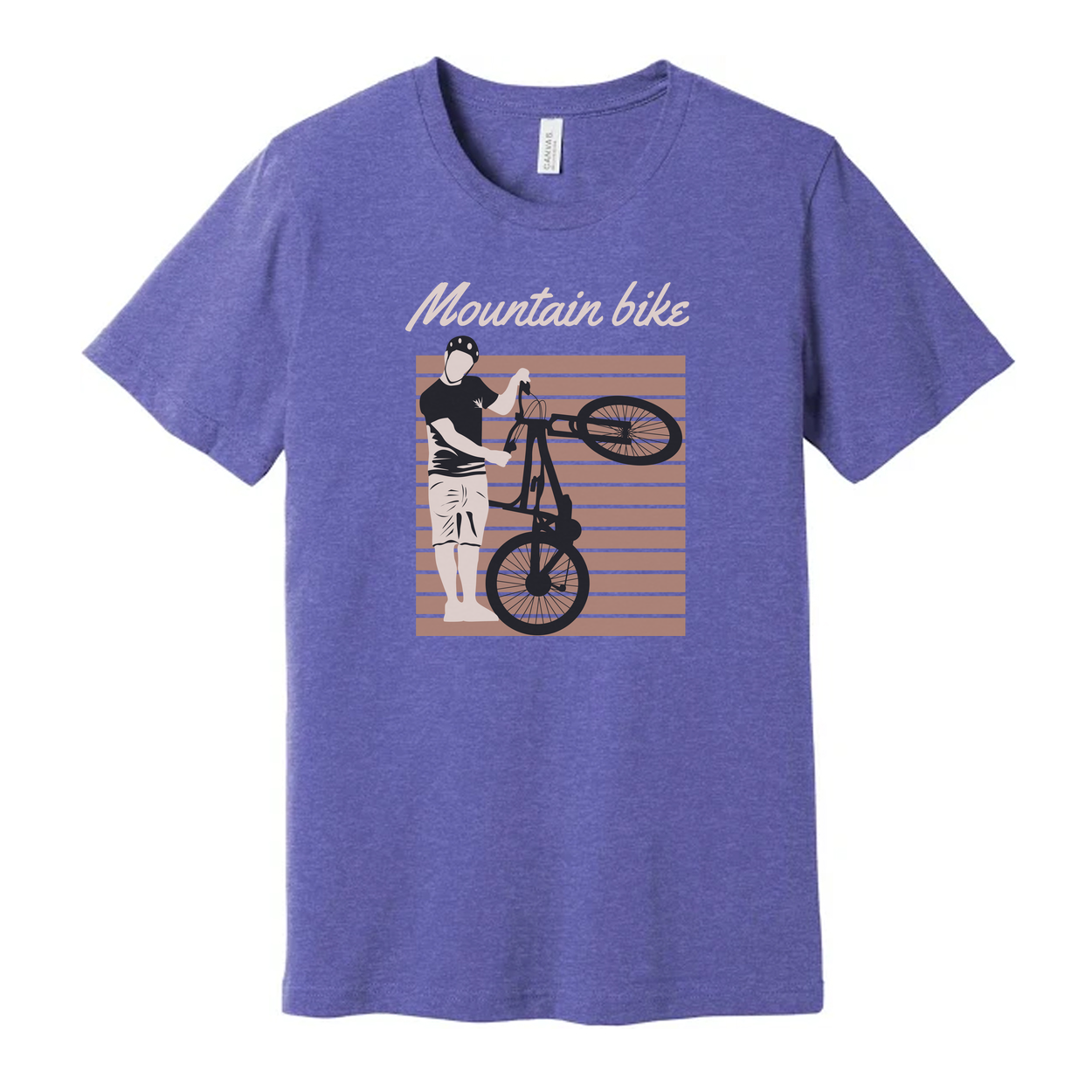 Unisex Mountain Bike Graphic Tee Featuring Rider Lifting Bike Against Retro Striped Background Artwork