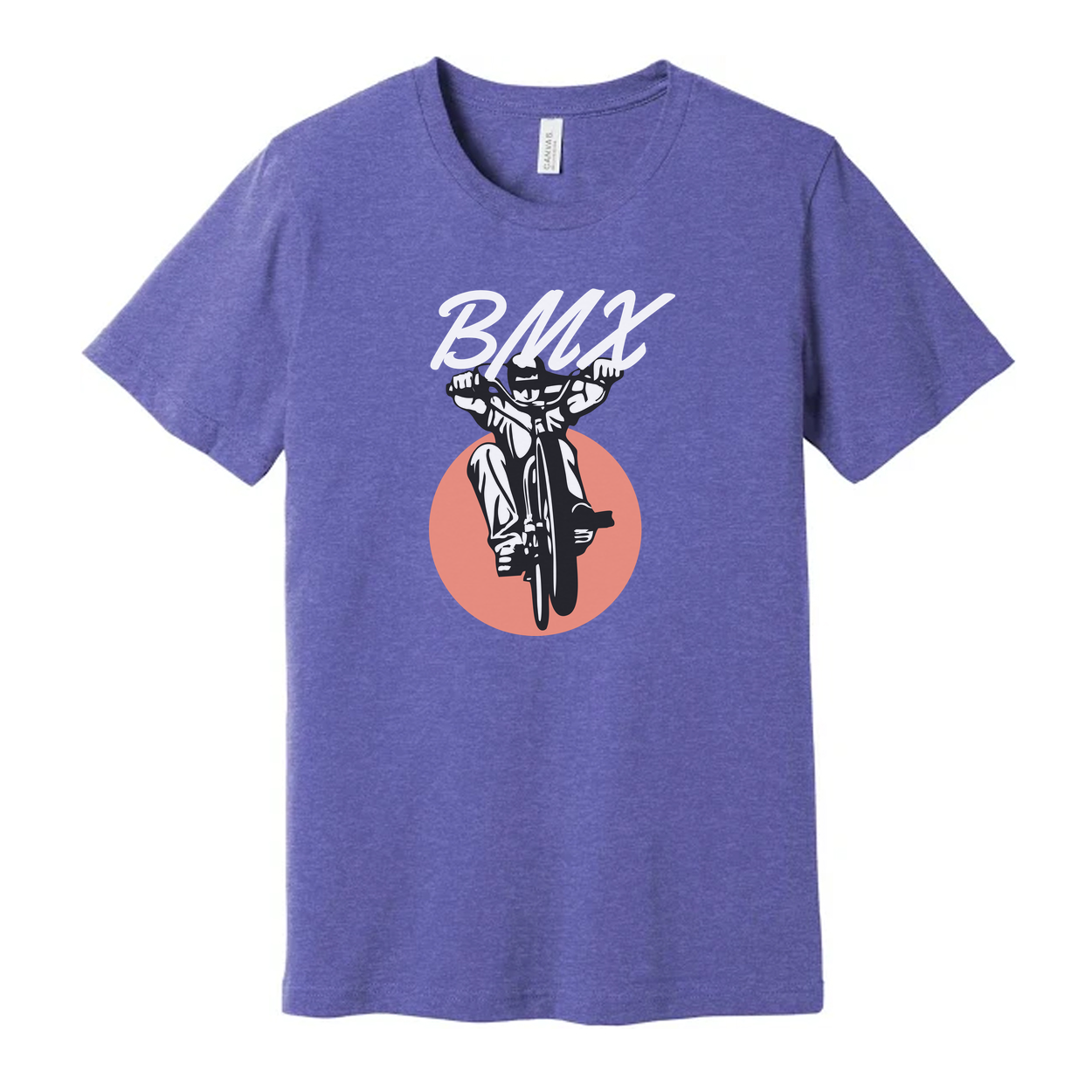 Unisex BMX Bike Graphic T Shirt With Dynamic Rider And Peach Circle Backdrop Illustration