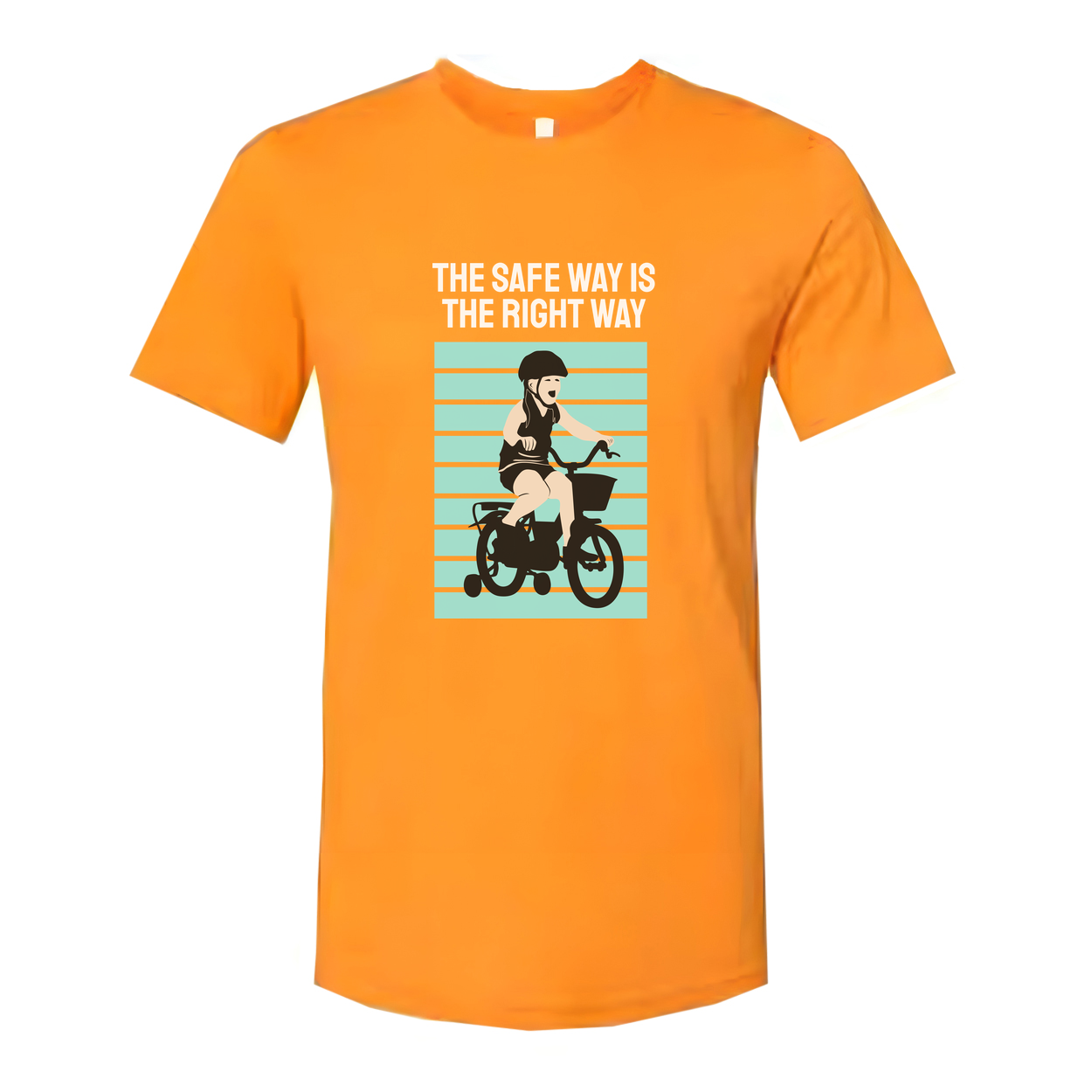 Bike Rider Graphic T Shirt With The Safe Way Is The Right Way Message And Turquoise Striped Backdrop