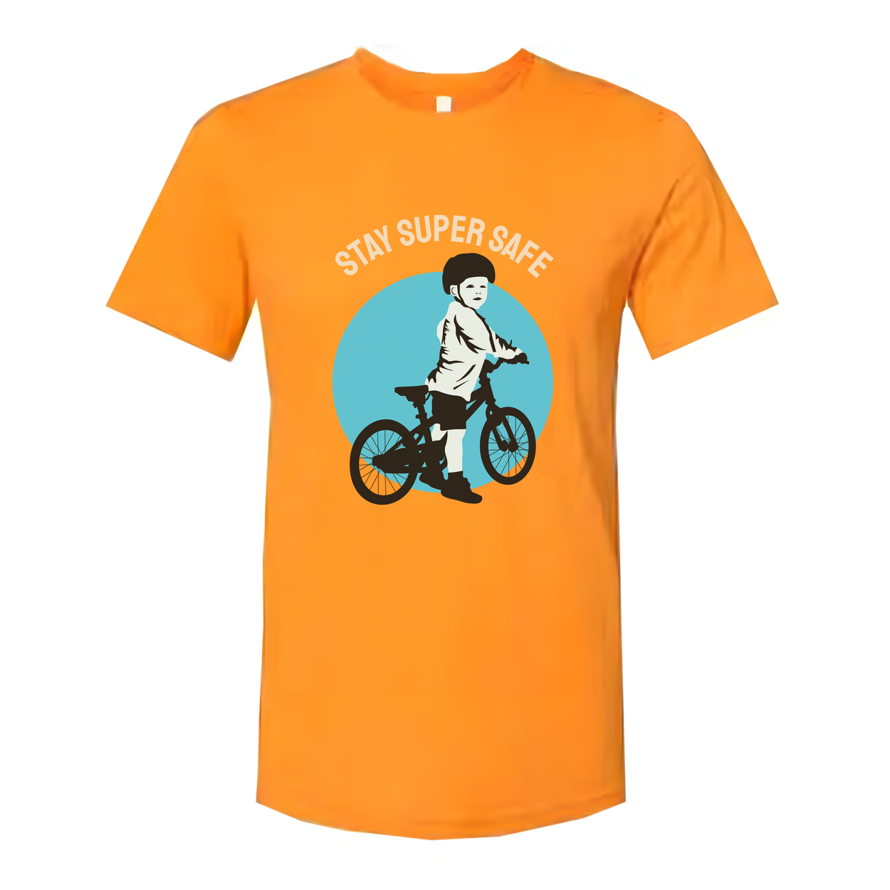 Unisex Bicycle Riding T Shirt With Stay Safe Graphic Showing Child On Bike In Helmet