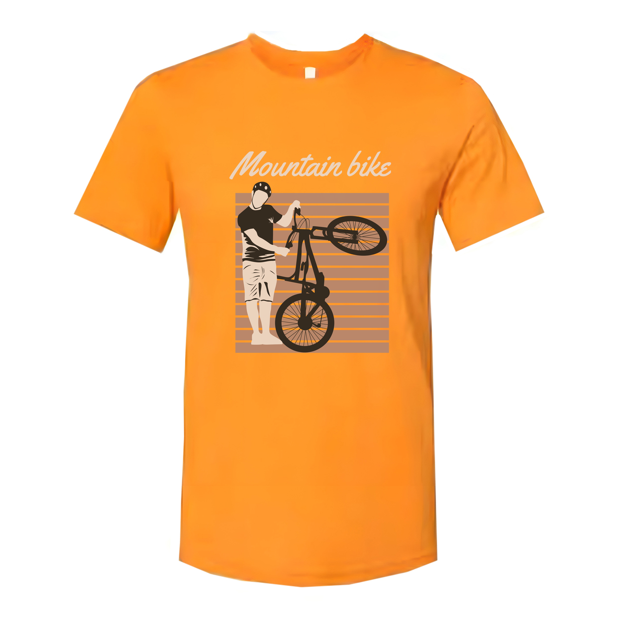 Unisex Mountain Bike Graphic Tee Featuring Rider Lifting Bike Against Retro Striped Background Artwork