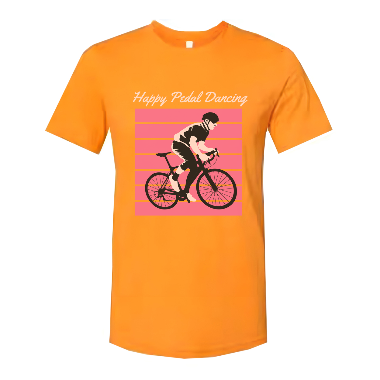 Unisex Bicycle Rider Graphic Tee With Pink Stripes Background And Happy Pedal Dancing Text