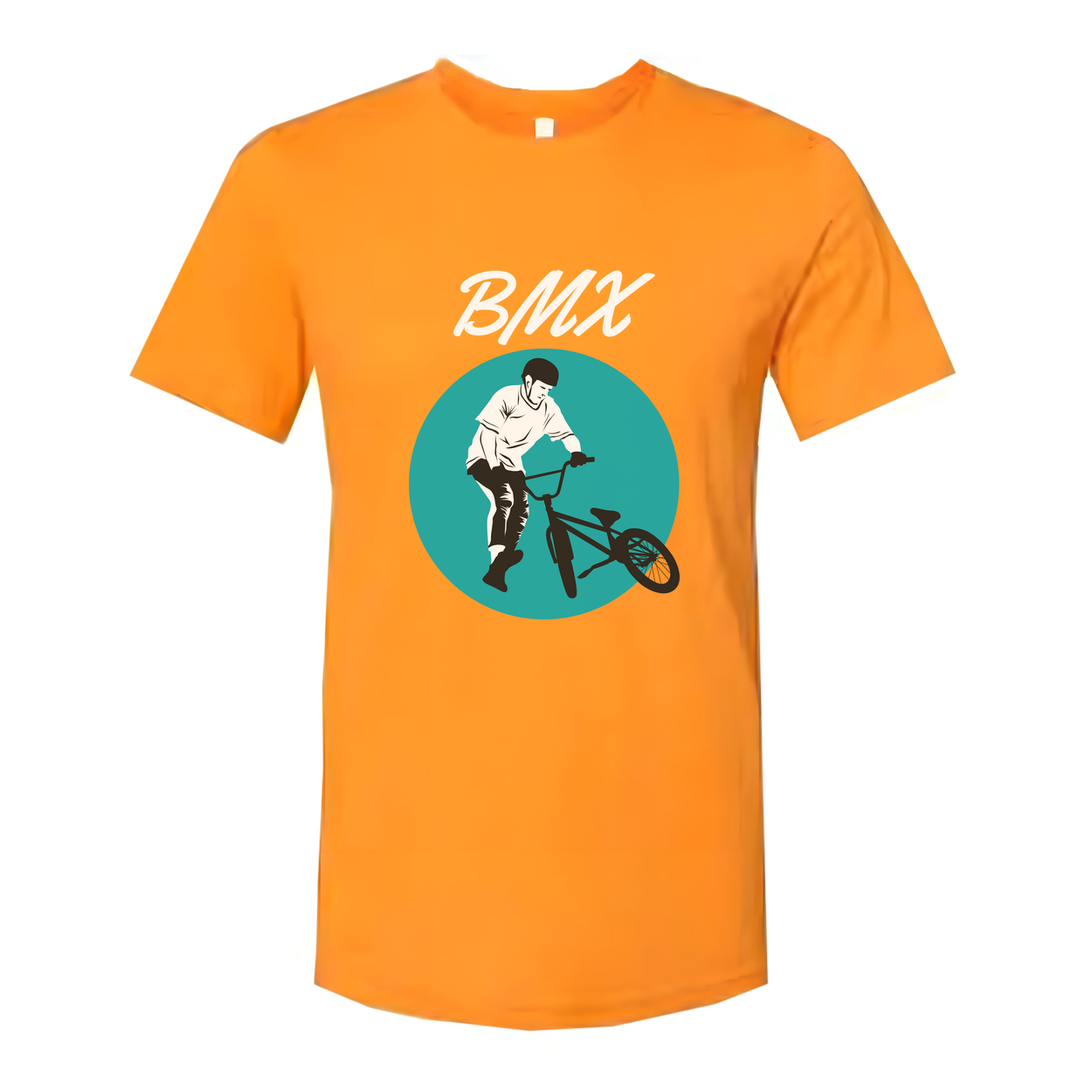 Unisex BMX Rider Graphic T Shirt With Teal Circle Artwork For Biking Enthusiasts