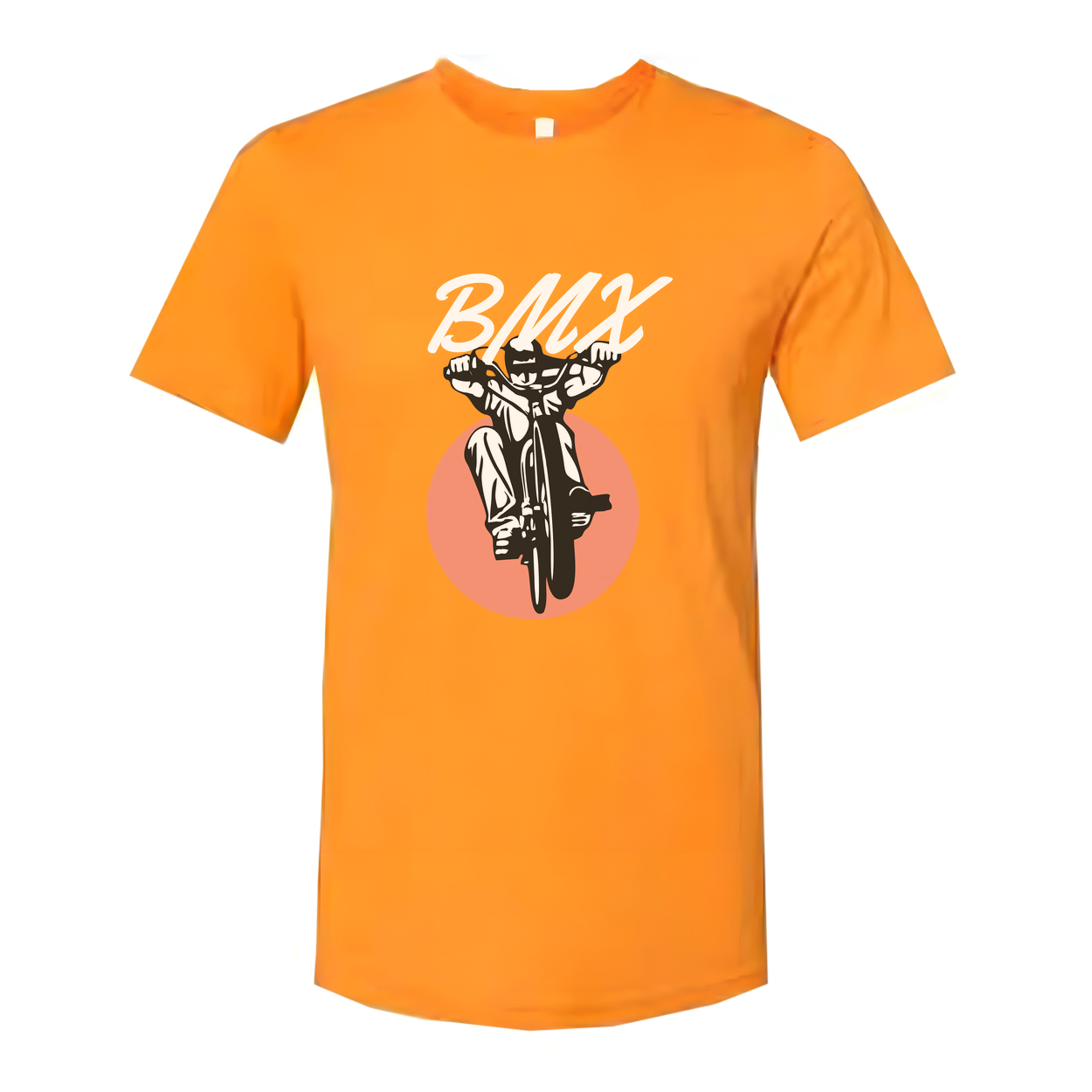 Unisex BMX Bike Graphic T Shirt With Dynamic Rider And Peach Circle Backdrop Illustration