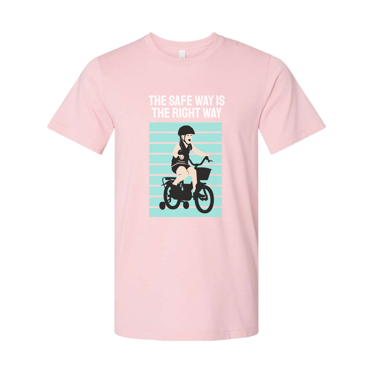 Bike Rider Graphic T Shirt With The Safe Way Is The Right Way Message And Turquoise Striped Backdrop