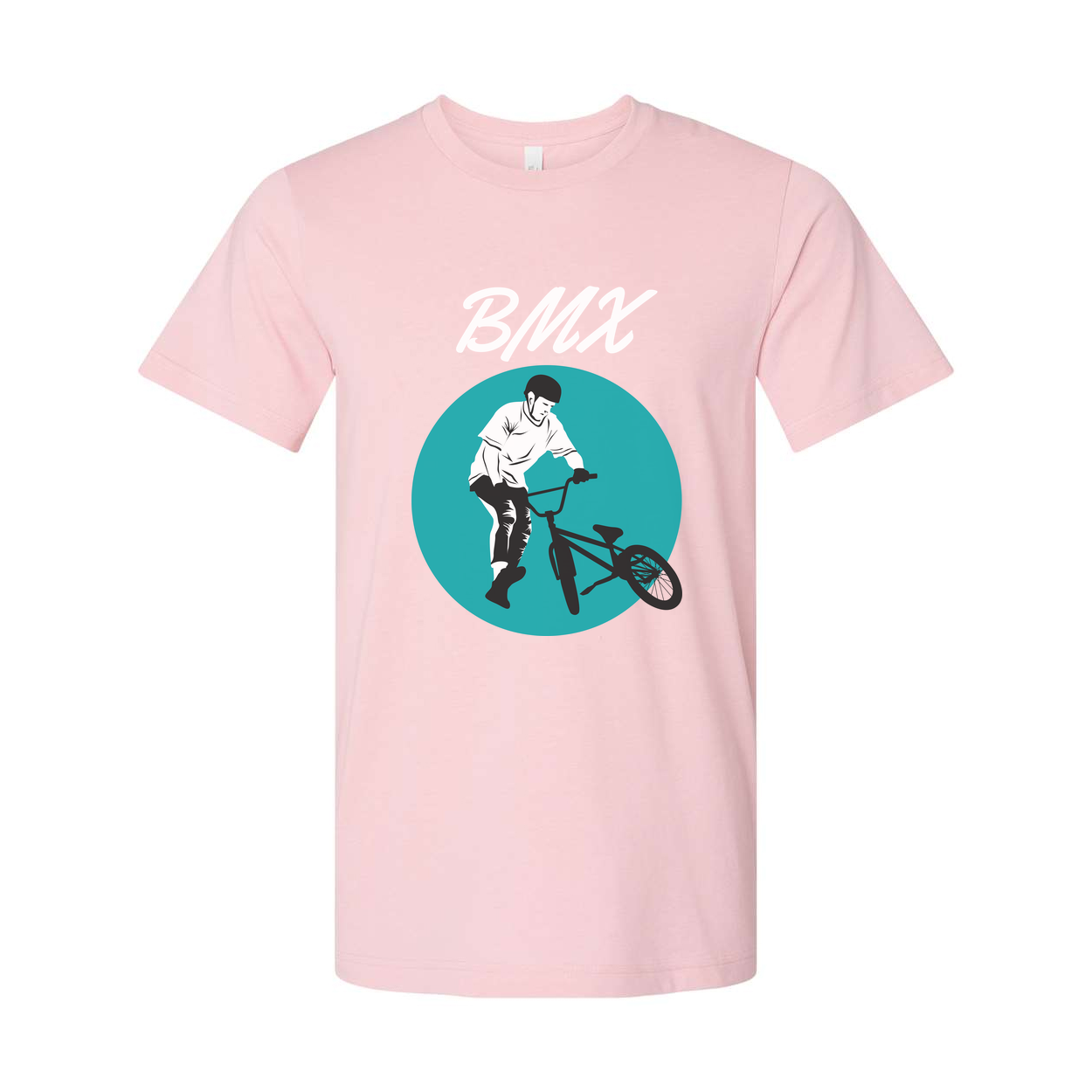 Unisex BMX Rider Graphic T Shirt With Teal Circle Artwork For Biking Enthusiasts