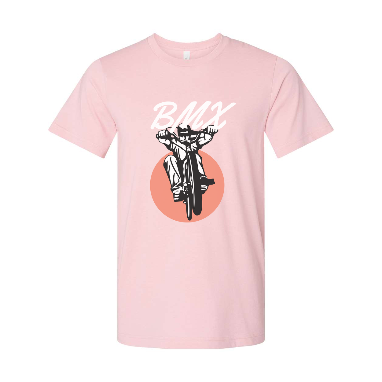 Unisex BMX Bike Graphic T Shirt With Dynamic Rider And Peach Circle Backdrop Illustration