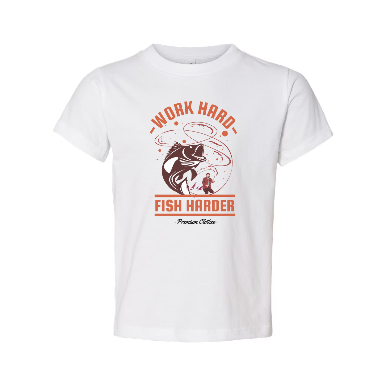 Work Hard Fish Harder Fishing Graphic Tee for Unisex Adults with Bold Orange Artwork