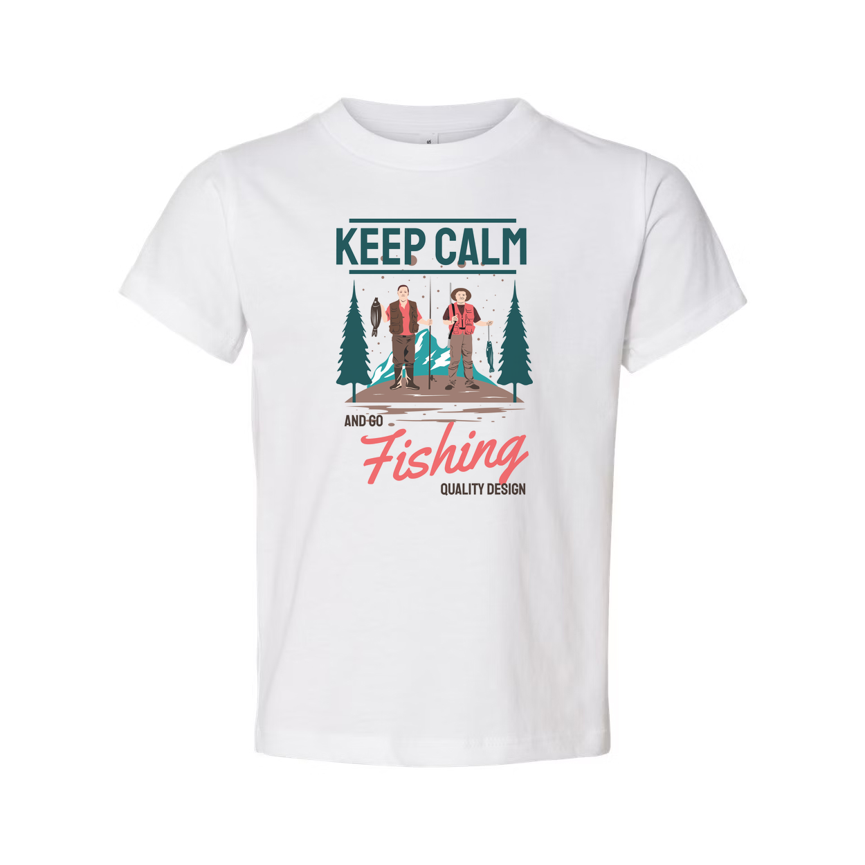 Keep Calm And Go Fishing Graphic Tee Featuring Two Anglers In A Forest Scene For Outdoorsy Unisex Wear