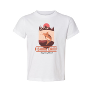 Fishing Camp Graphic T Shirt With Mountain Sunset And Leaping Fish Design For Outdoor Lovers