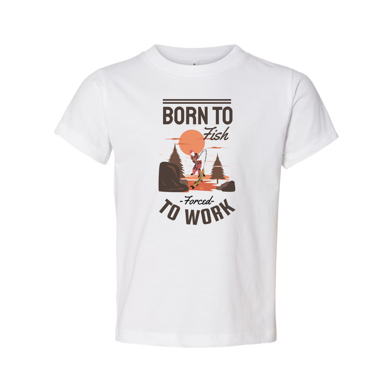 Born To Fish Unisex Graphic Tee With Fishing Scene And Forced To Work Slogan For Outdoor Wear