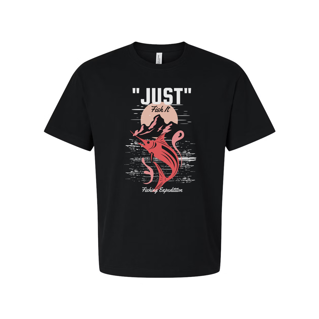 Just Fish It Graphic Unisex T Shirt With Sunset Mountain Marlin Design For Fishing Enthusiasts